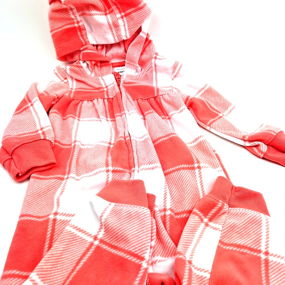 Carter's Baby One Piece Size 12m Girls Plaid Hooded Zipper Heart Fleece Soft